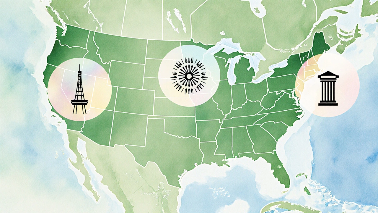 Akvarelová mapa USA se zvýrazněnými městy a siluetami průmyslů.