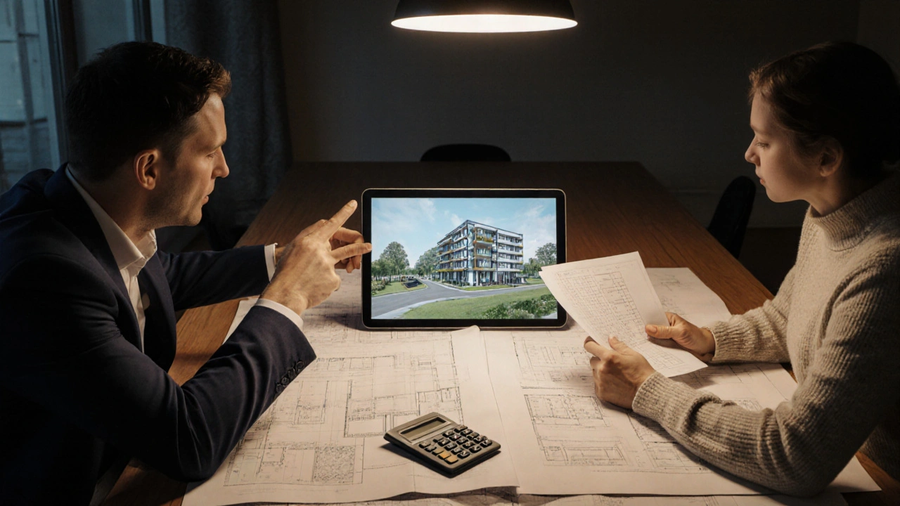 Architekt a inženýr probírají detailní výkresy a 3D vizualizaci u stolu.