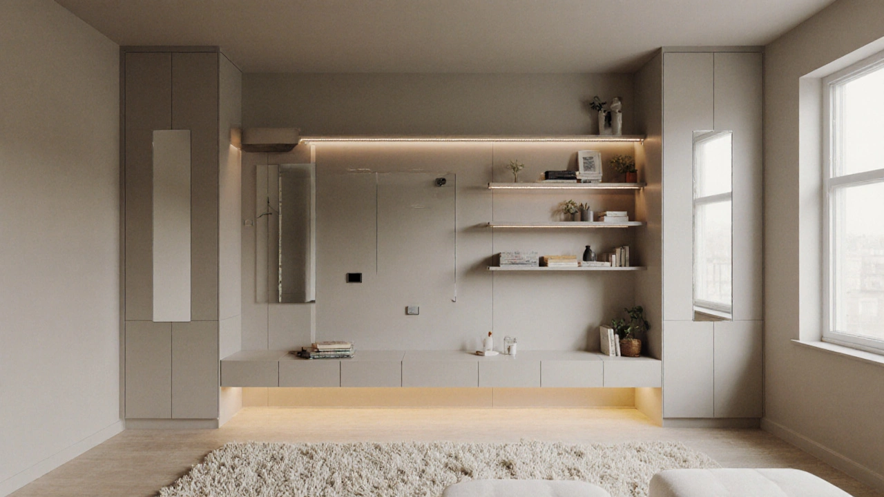 Byt bez okna se světlými stěnami, mnoha malými zrcadly a teplým LED osvětlením.