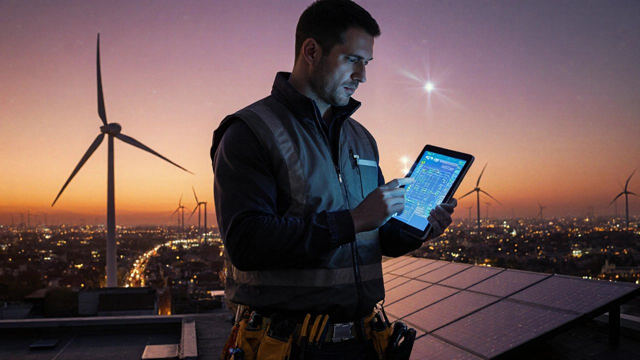 Elektrotechnik na střeše s tabletovým PLC, solárními panely a větrnou turbínou, sledující západ slunce nad městem.