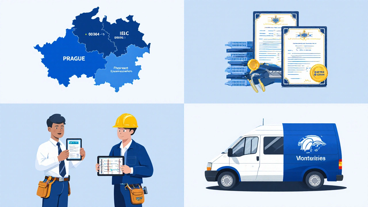 Ilustrace ukazuje mapu ČR, certifikáty, kariérní časovou osu a dva typy zaměstnavatelů, které ovlivňují plat.