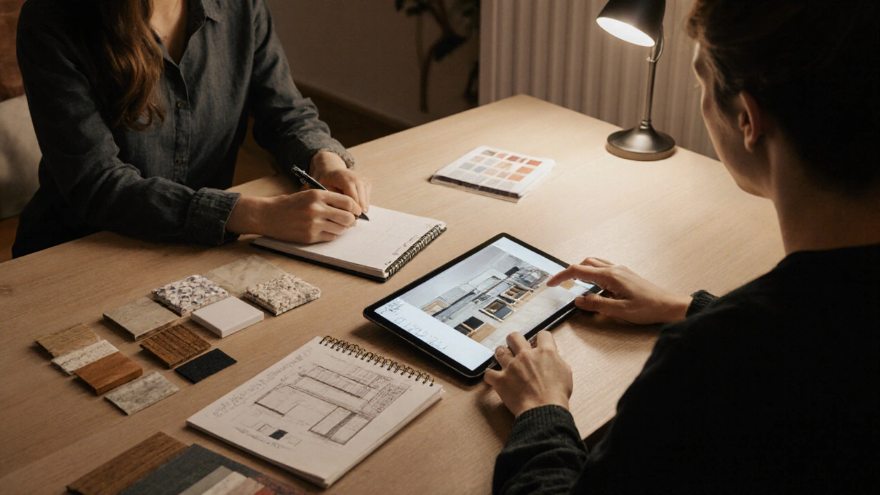 Interior designer and client reviewing 3D renderings with material samples on table.