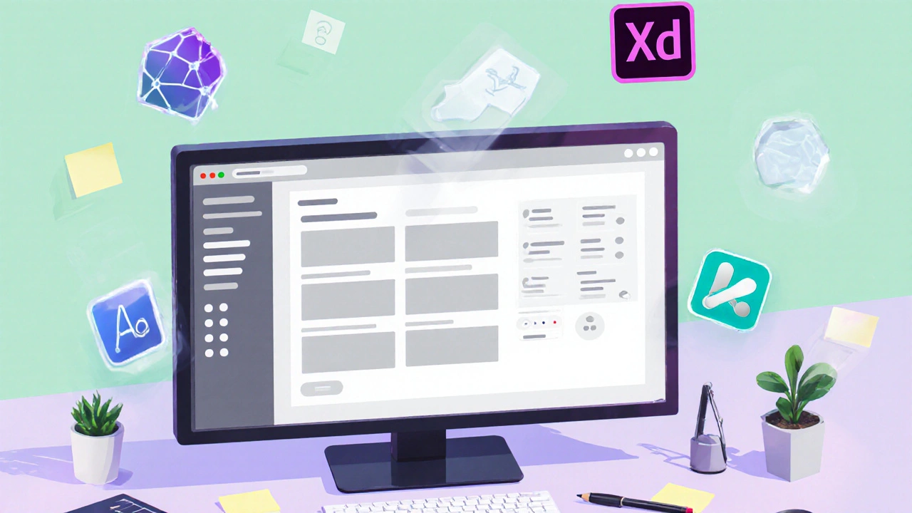 Isometrické znázornění wireframe a nástrojů Figma, Adobe XD a Sketch.