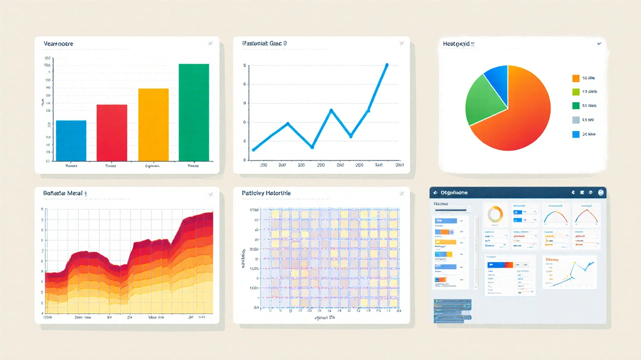 Koláčový, sloupcový, čárový graf, heatmapa a dashboard v koláži.