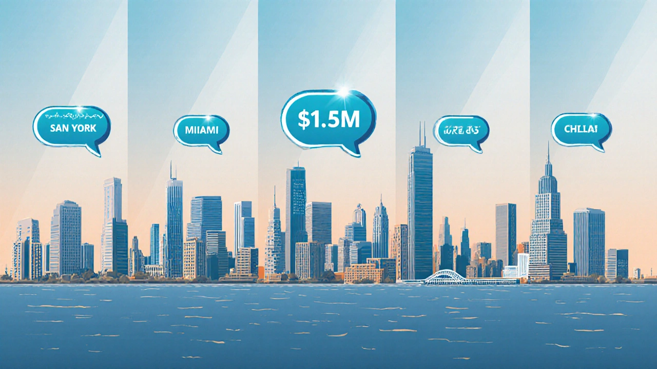 Koláž pěti městských panoramat s plovoucími bublinami cen bytů.