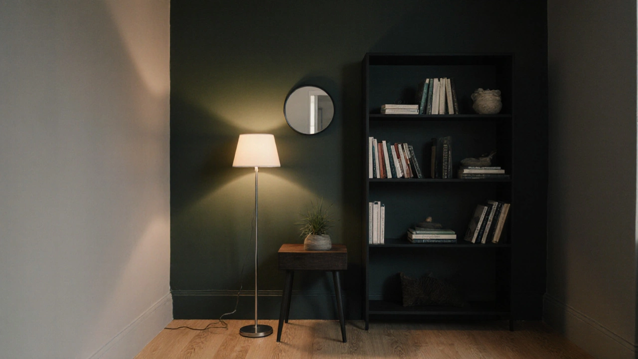 Kout bytu s tmavě zelenou stěnou, teplým osvětlením a zrcadlem odrážejícím světlo lustry.