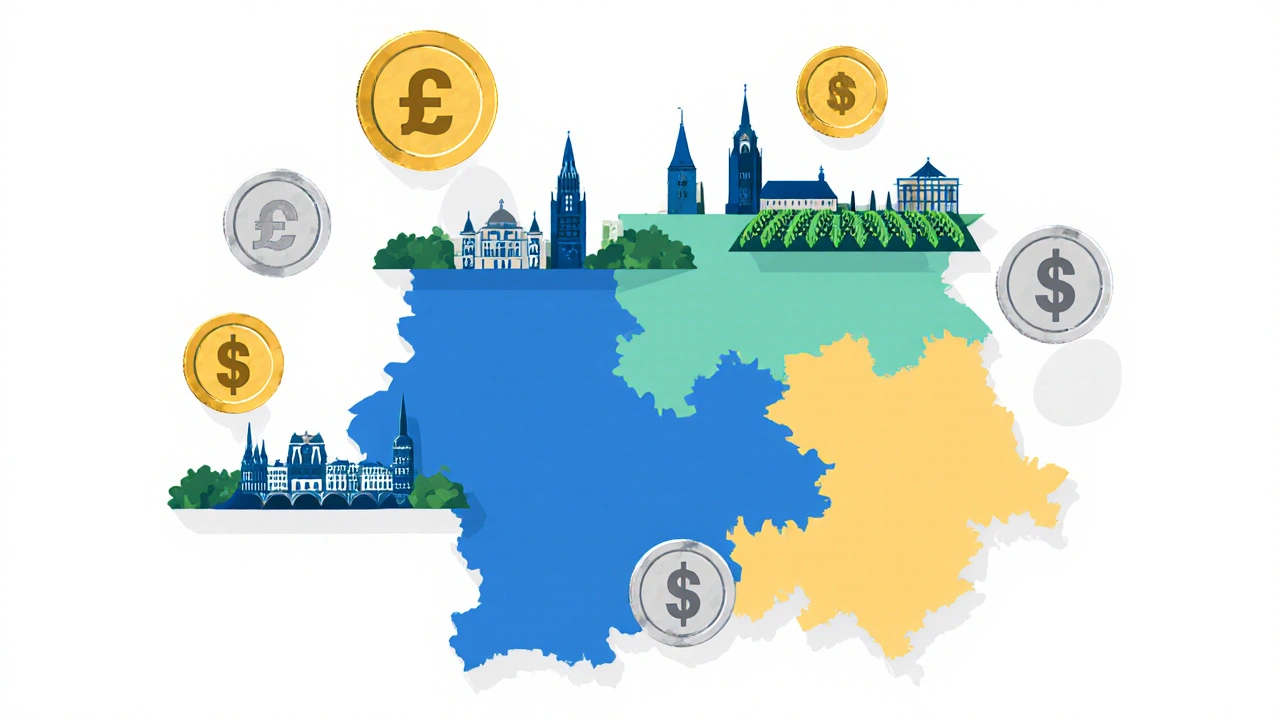 Mapa ČR se stylizovanými regiony a ikonami mincí znázorňujícími různé výdělky popelářů.