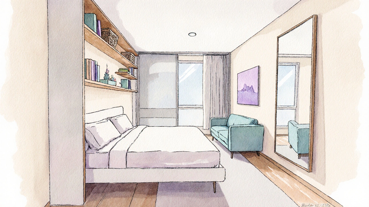 Návrh úzké ložnice s multifunkční postelí, vestavěnou skříní a závěsnými policemi.