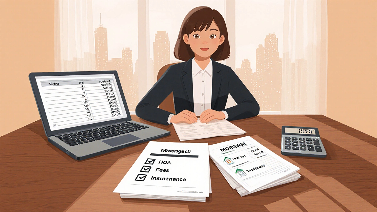 Osoba u stolu s kalkulačkou a ikonami daní, HOA a pojištění.