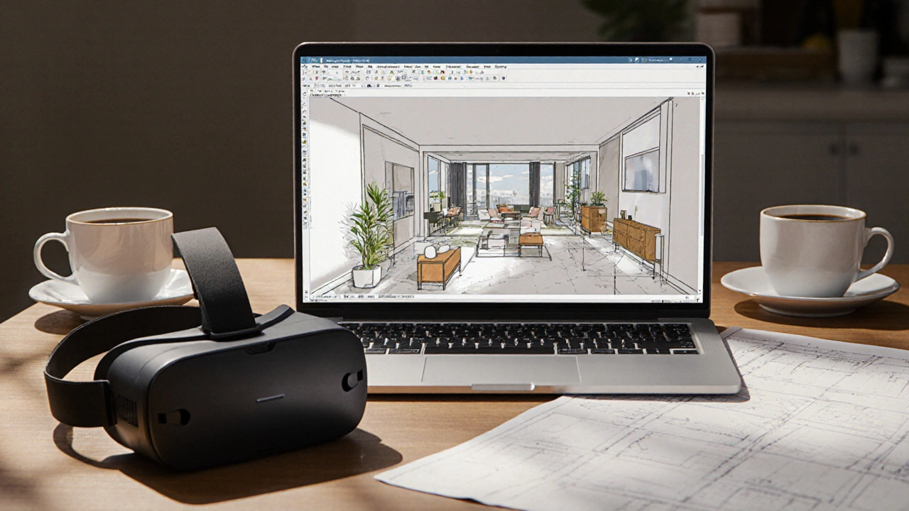 Počítač s nástrojem SketchUp zobrazuje detailní 3D plán bytu, VR brýle na stole.