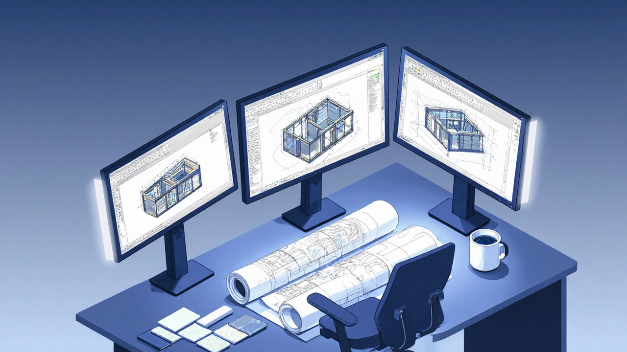 Pracovní stanice architekta s monitory zobrazujícími CAD a 3D modely a materiálovými vzorky.