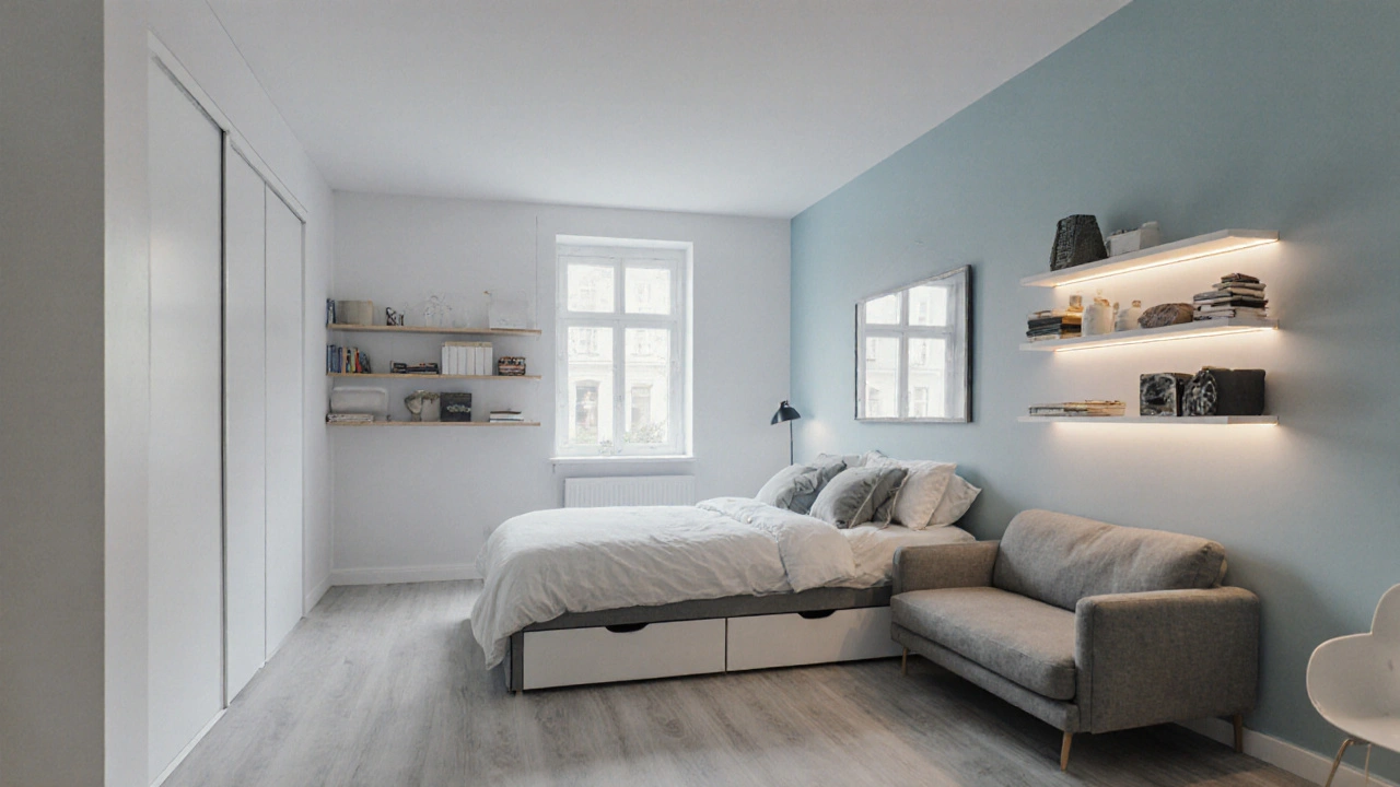 Proměněná 7 m² ložnice s bílými stěnami, zrcadlem a úsporným nábytkem.