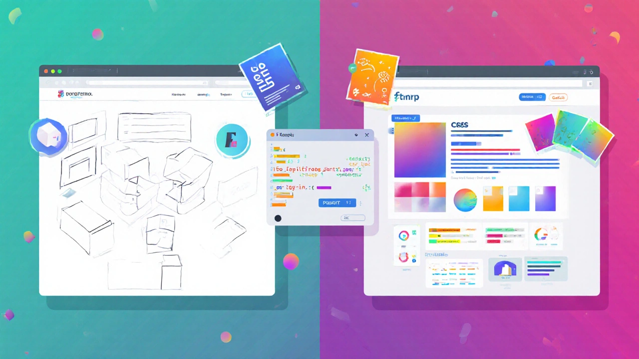 Rozdělený obrázek: levá strana wireframe, pravá strana barevný UI mockup s kódem.