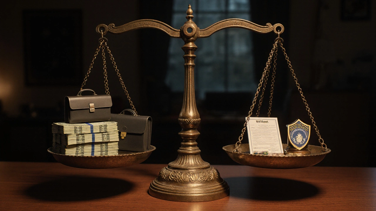 Stará váha s balíky výplaty a ikonami daní v tmavém kancelářském prostředí.