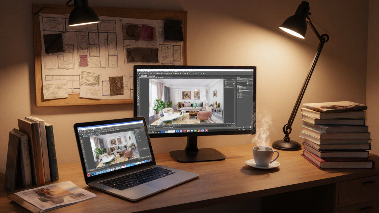 Stylové studijní studio s laptopem, 3D modelem a rozloženou tabulí materiálů.