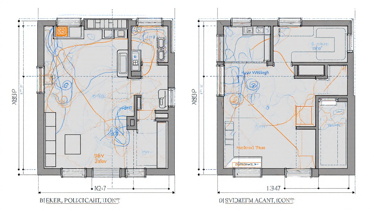Technical floor plan showing electrical and plumbing layouts for apartment renovation.