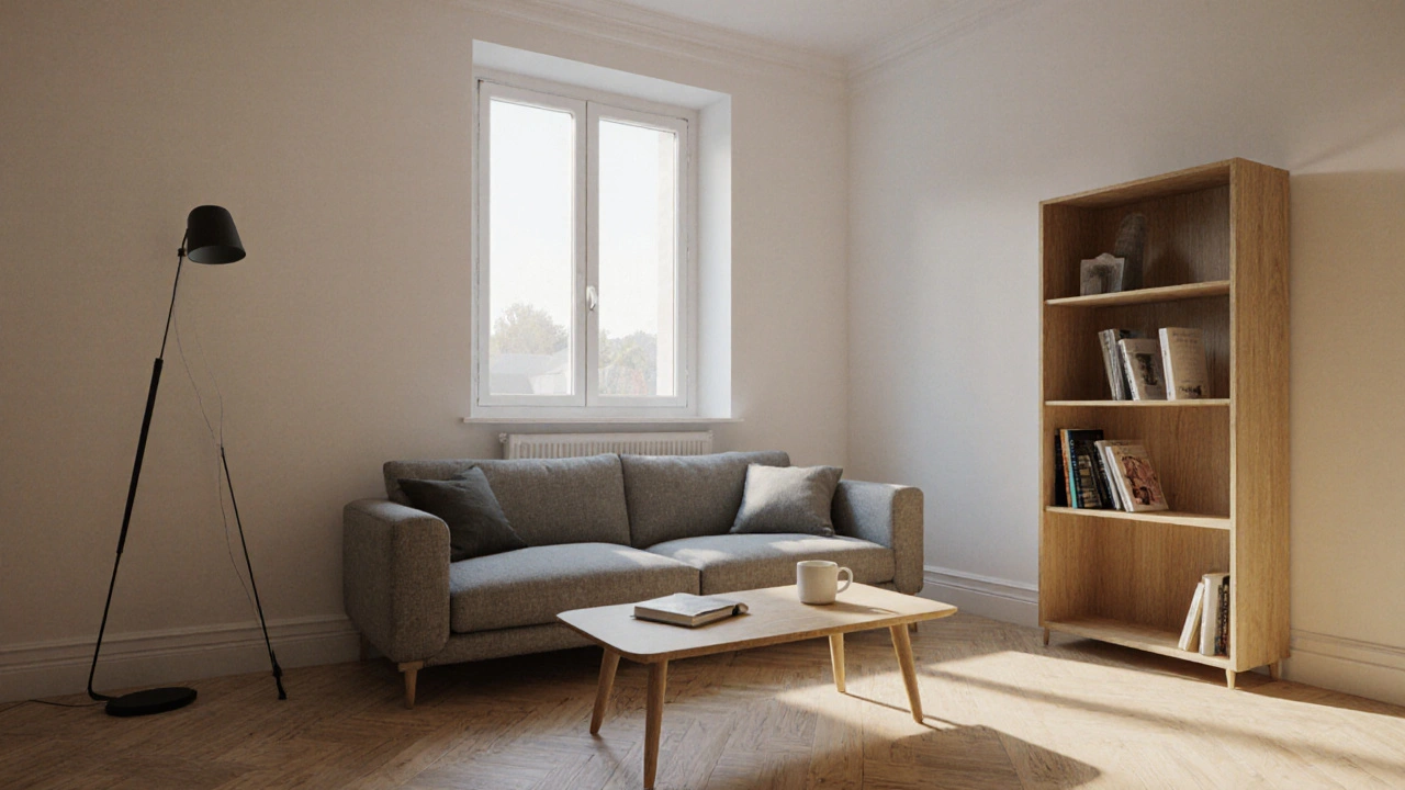 3D vizualizace obývacího pokoje s dřevěným nábytkem, teplým světlem a realistickými texturami.