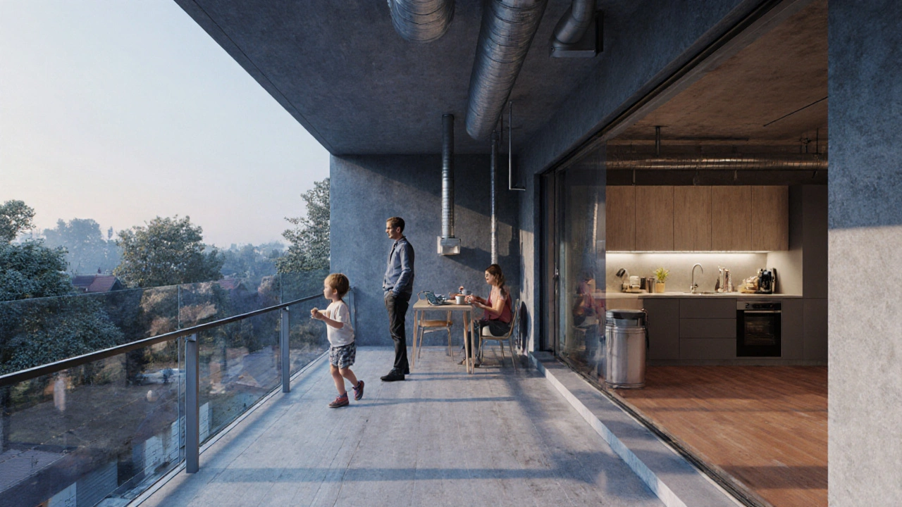 Balkon přeměněný na teplou vnitřní zónu s většími okny, kde rodina přirozeně využívá prostor.