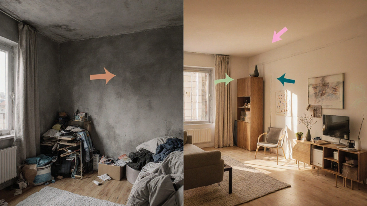 Before and after view of small apartment transformed by smart interior design.