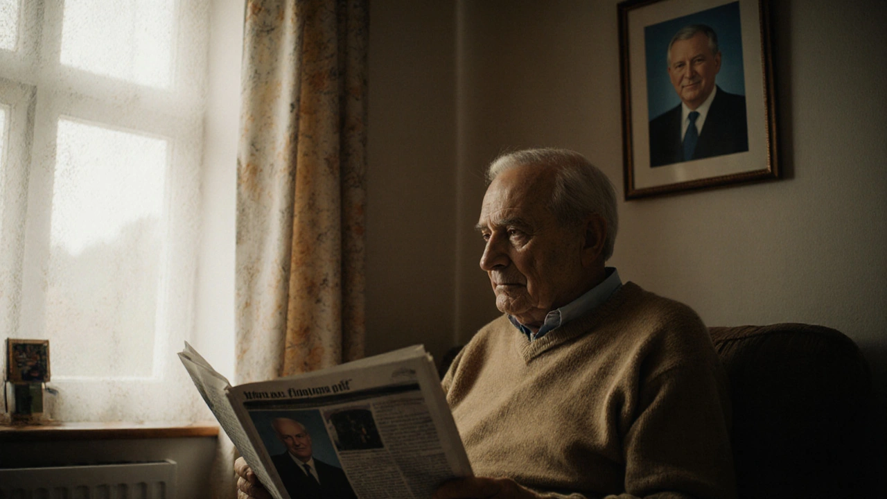 Bývalý prezident v běžném domě, klidně si čte noviny.