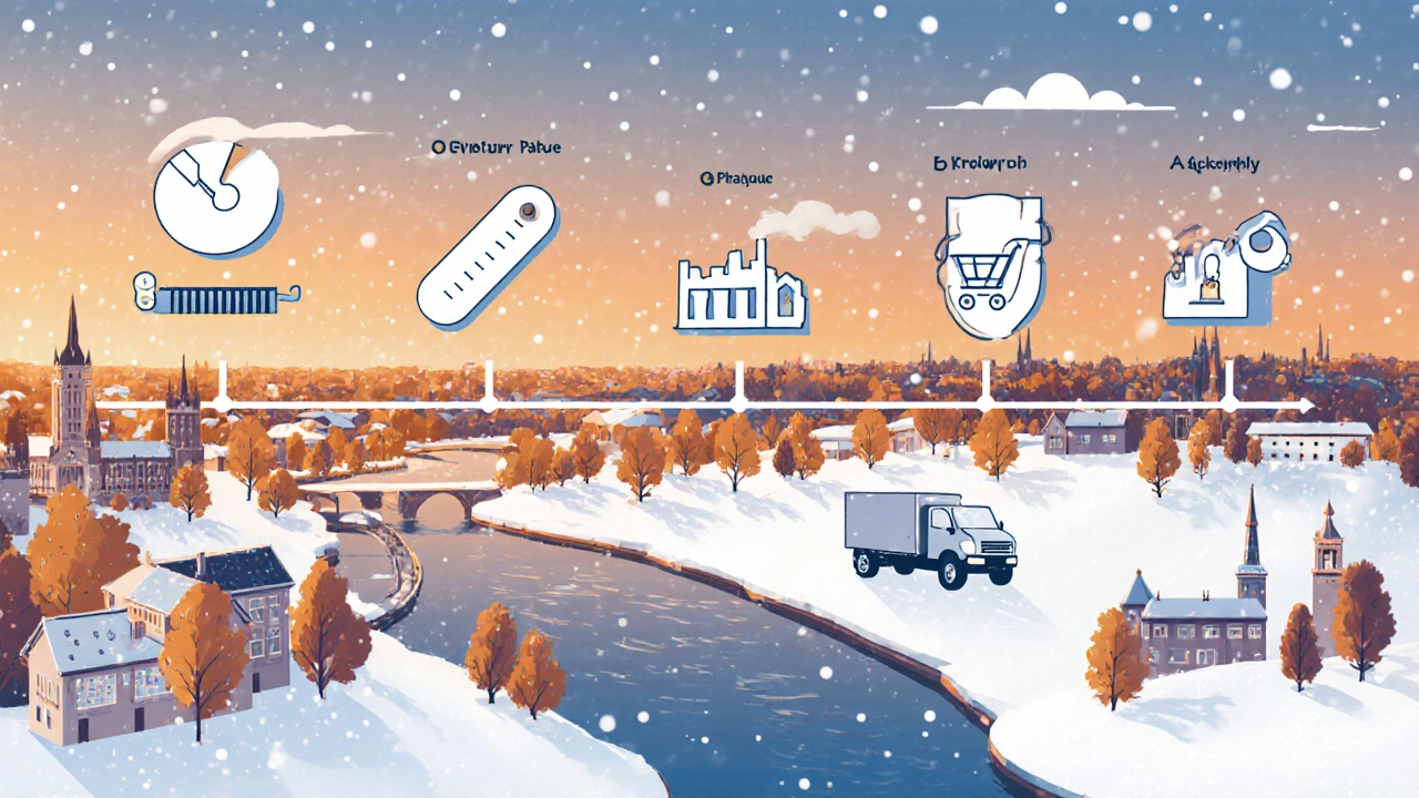 Časová osa s ikonami fází dodání kuchyně IKEA, vedená od října do ledna s vyznačenými městy.