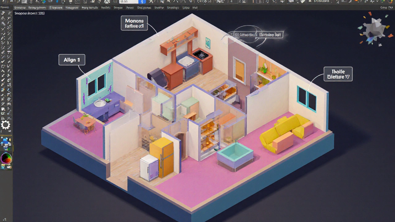 Complete apartment layout with kitchen, bathroom, and living area rendered in geometric 3D shapes.
