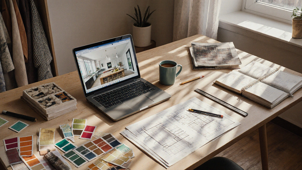 Designer&#039;s desk with color samples, sketches, and 3D render on laptop in Prague studio.