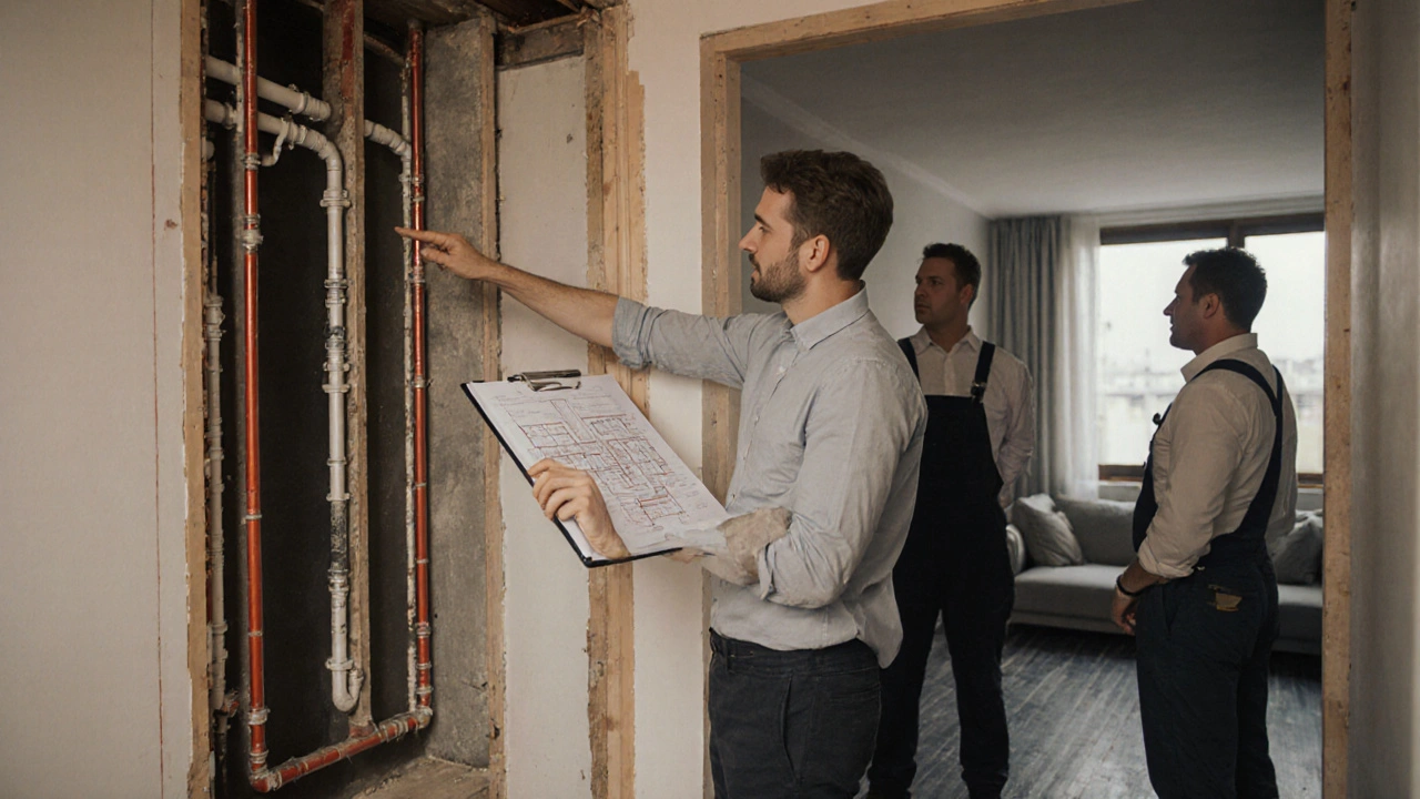 Designer vysvětluje montérům instalaci podlahového topení na staveništi.