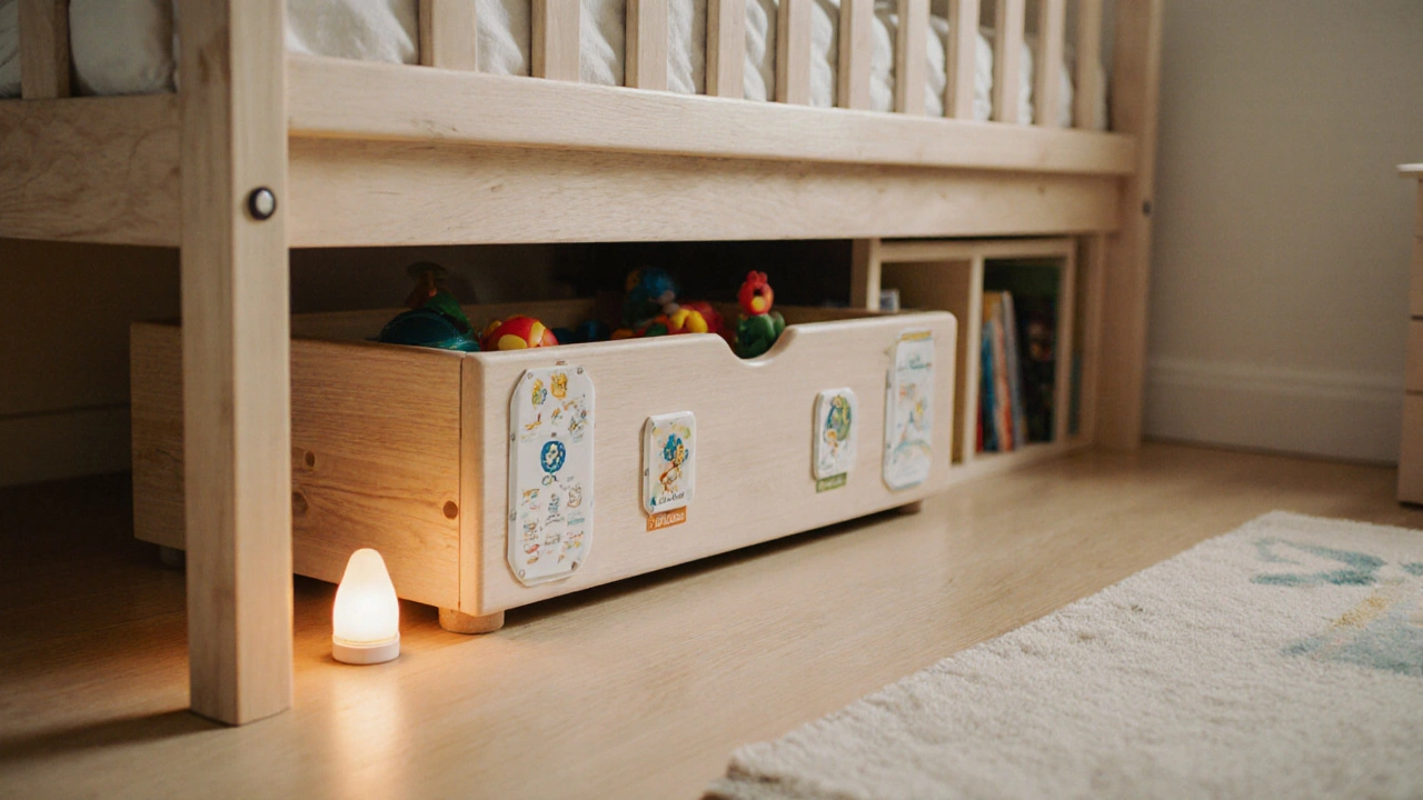 Detaily bezpečnosti ve dětském pokoji: bezpečnostní zábrany, zásuvky s krytkami a nábytek připevněný ke zdi.