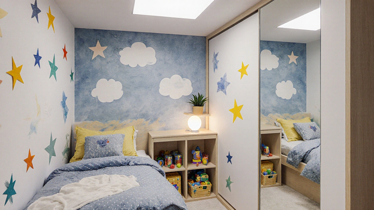 Dětská ložnice s integrovaným úložným prostorem pro hračky, malou rostlinou a zrcadlem na dveřích.