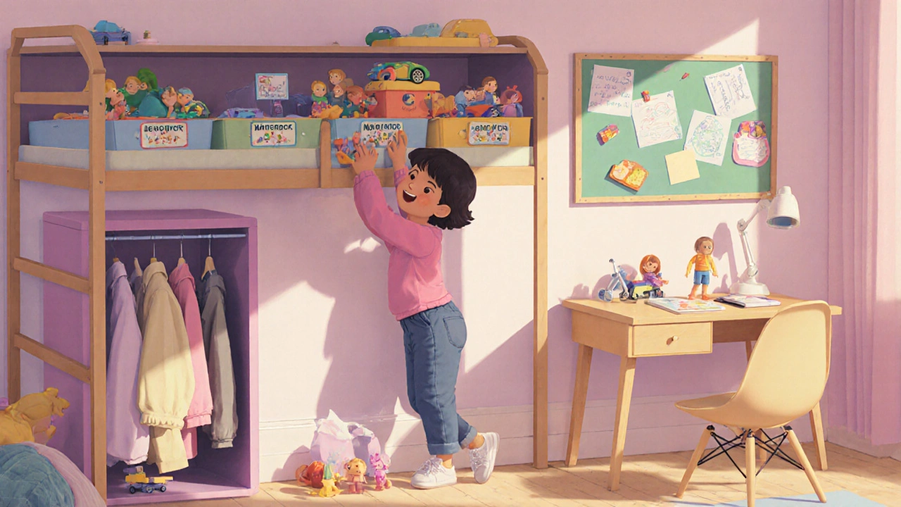 Dítě třídí hračky do krabic s obrázkovými štítky na stěnových regálech, s podestýlkovou postelí a magnetickou tabulí na pozadí.