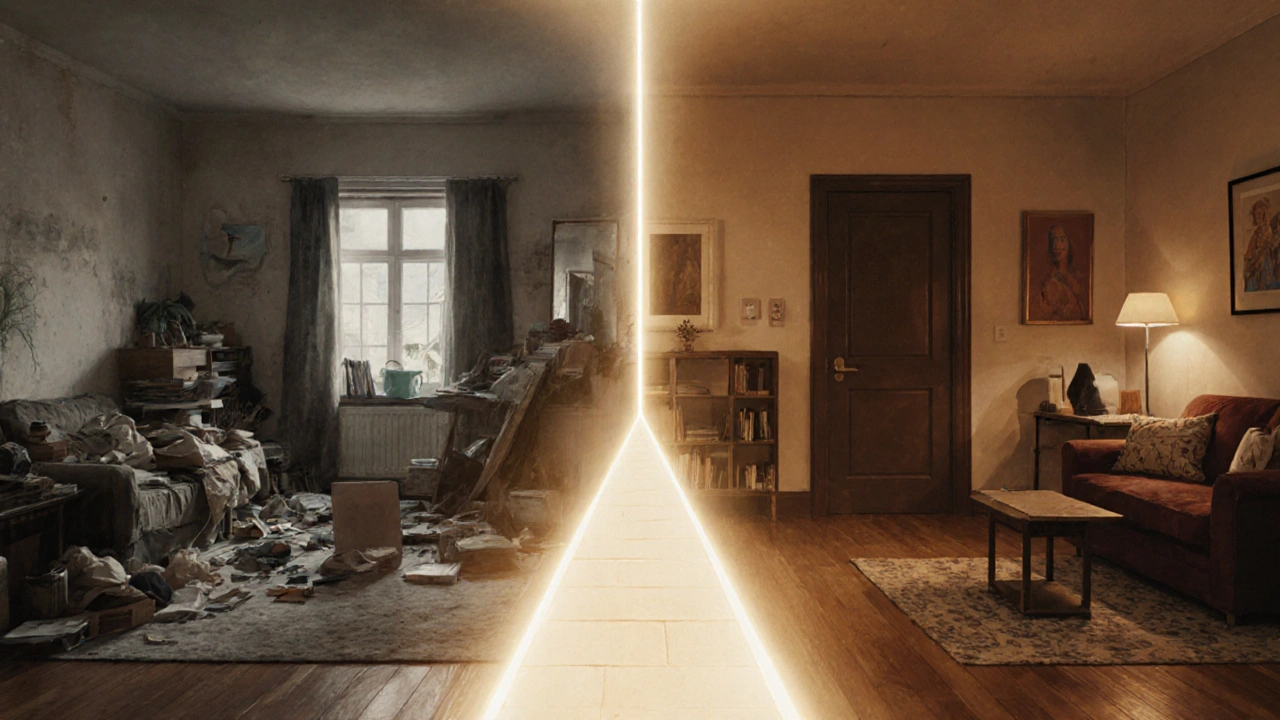 Dvě verze stejného bytu: chaos vs. harmonický interiér navržený designérem.