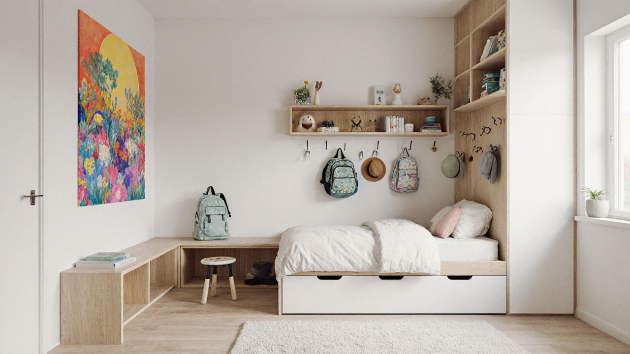 Koncepční návrh dětského pokoje s vícefunkčním nábytkem: skříň jako lavice, stěnové věšáky a regály až ke stropu, světlé barvy a volný prostor.