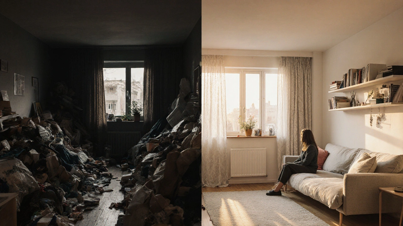 Kontrast mezi přetíženým a optimalizovaným malým bytem s důrazem na světlé barvy a volný prostor.