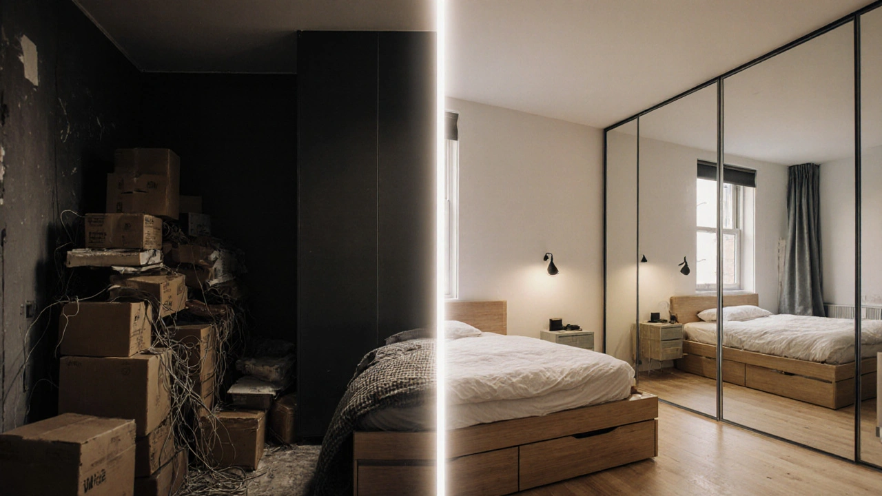 Kontrast uspořádaného a nepořádku v malém bytě — jasný přechod od chaosu k klidu.