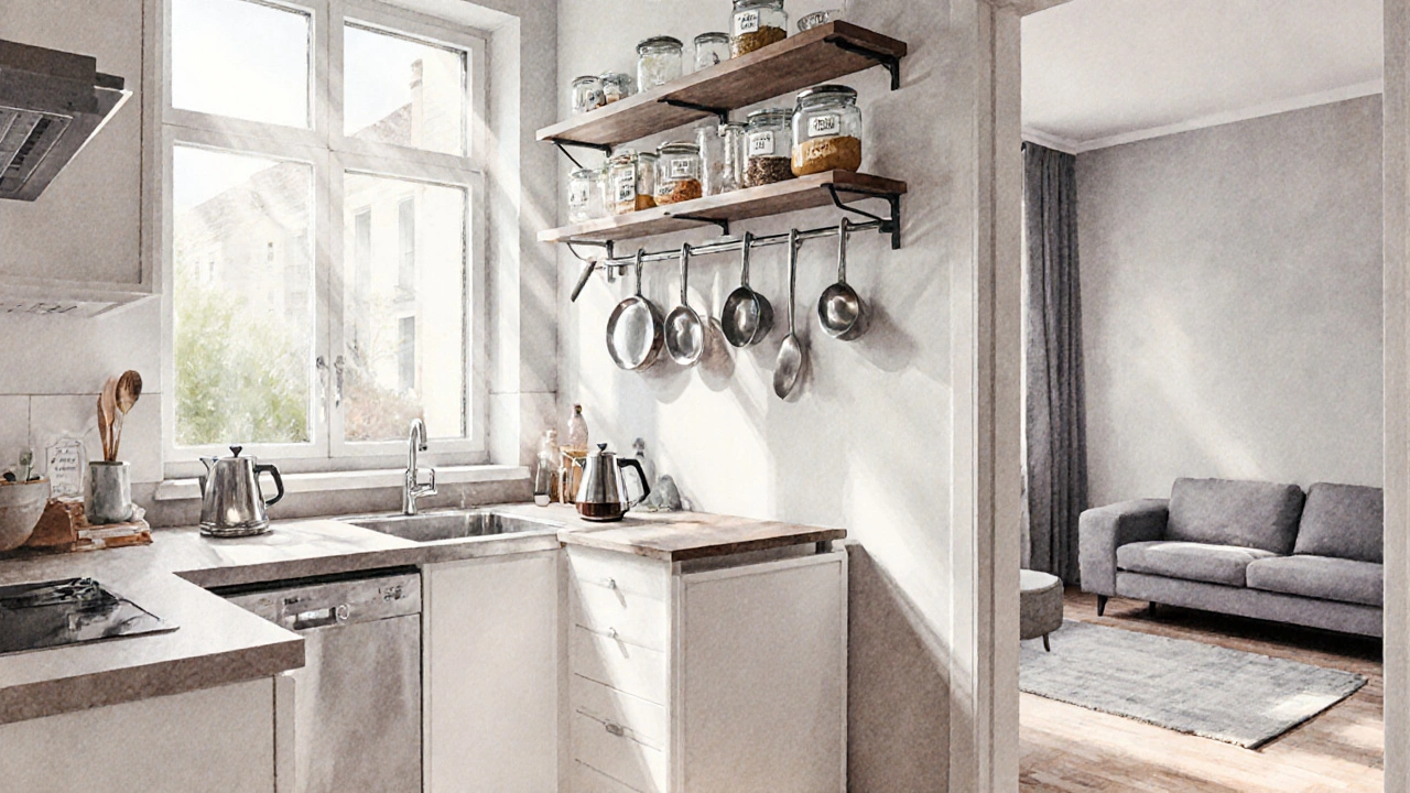 Kuchyně v malém bytě s vertikálním uložením nádobí a skleněnými nádobami pod slunečním světlem.