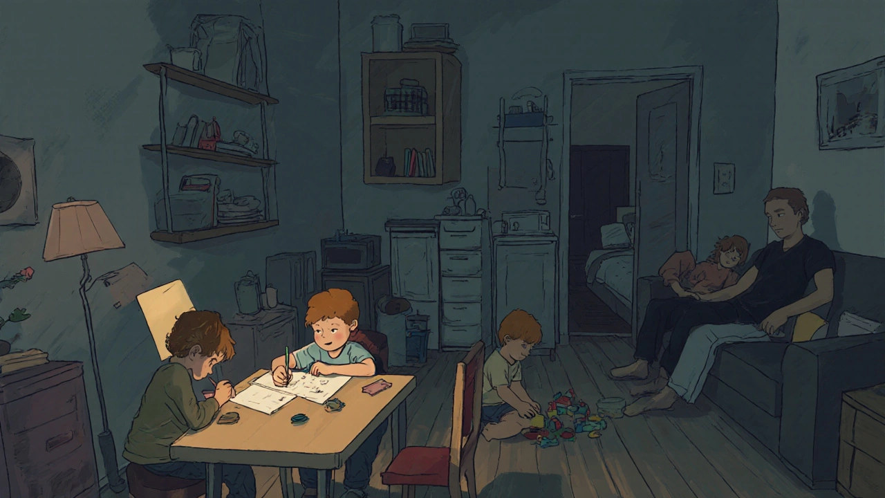 Malý 65 m² byt s přetíženým obývacím pokojem, kde děti hrají a rodiče sedí na kanapce.