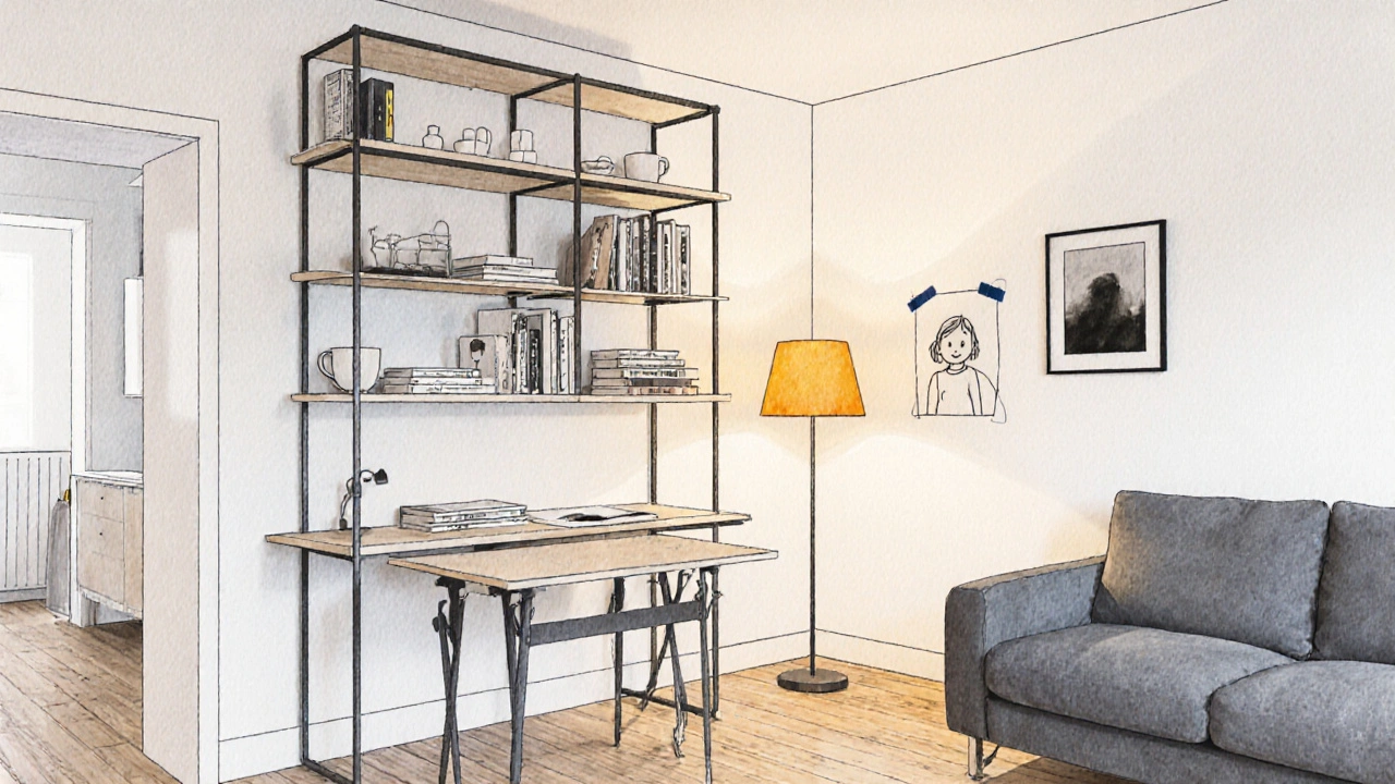 Malý byt s vertikálními regály, nízkým gaučem a osobními věcmi, klidné a útulné prostředí.