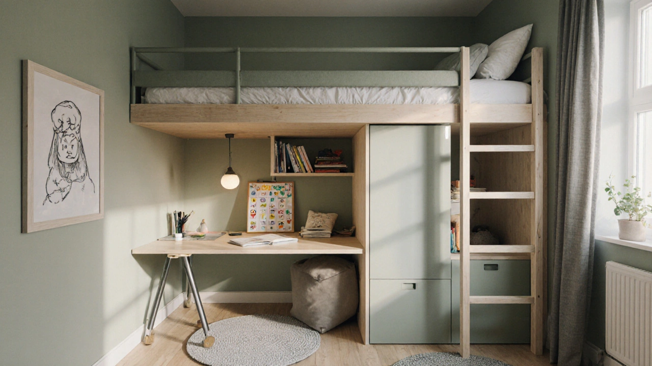 Malý dětský pokoj s výškovou postelí, stěnovými regály a koutkem na čtení, vytvořený pro úsporu prostoru.