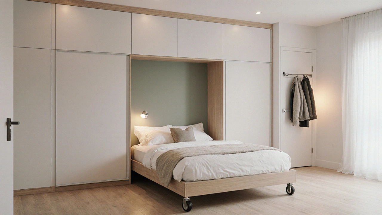 Modulární šatník na zdi s posuvnými dveřmi, postel na kolečkách a teplým osvětlením.
