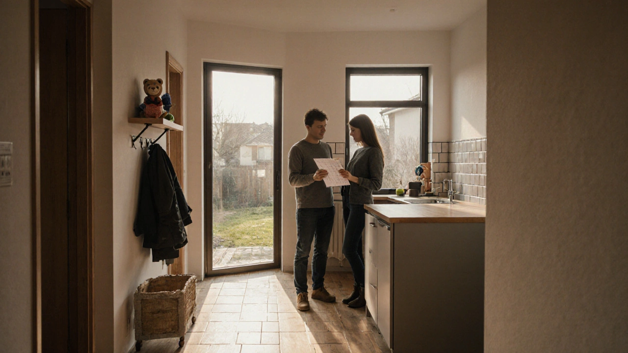 Nově dokončený český rodinný dům s dřevěným podlahou, velkými okny a malou zahradou, pár s rozpočtem.