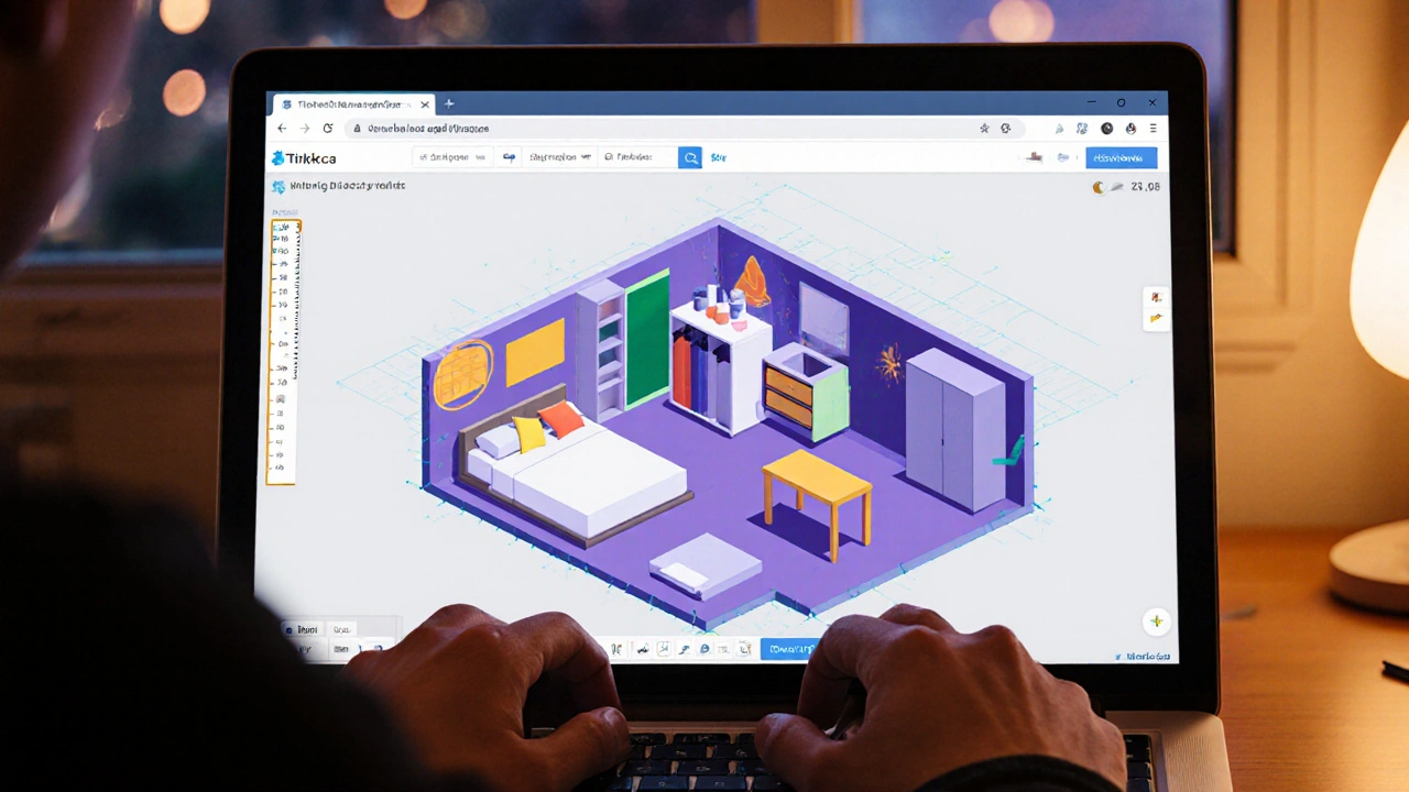 Person designing a virtual apartment on a laptop using Tinkercad with color-coded 3D objects on screen.