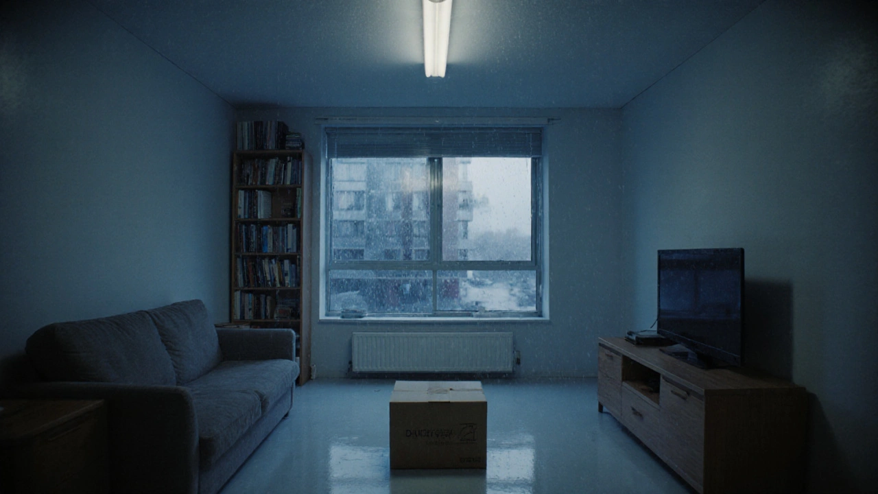 Prázdný, chladný byt s tvrdým osvětlením a dokonalým, ale bezdušním nábytkem.