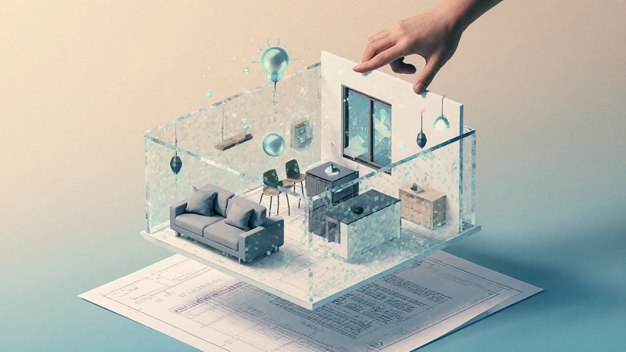 Průhledný 3D dům s prvkami nábytku a světla nad půdorysem.