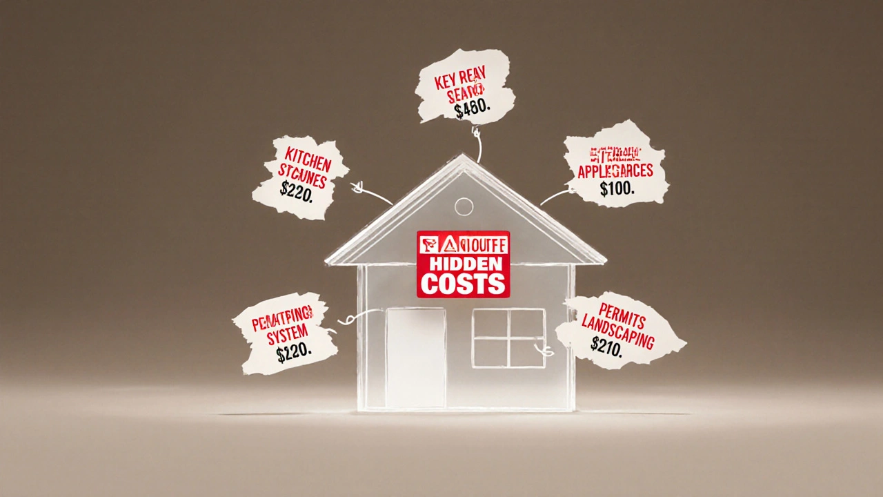 Průhledný dům s označenými skrytými náklady na stavbu: pozemek, kuchyně, vytápění, povolení.