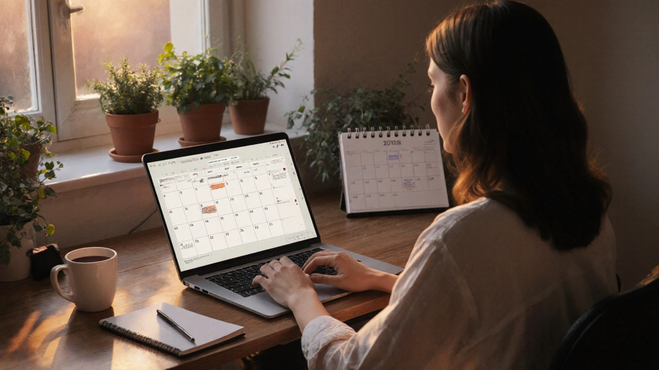 Psycholog pracující doma v Brně s plným termínem a kávou na stole.