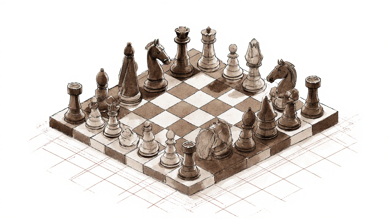 Šachovnice překrytá plánem bytu, kde každá figurka představuje funkční prvek interiéru.