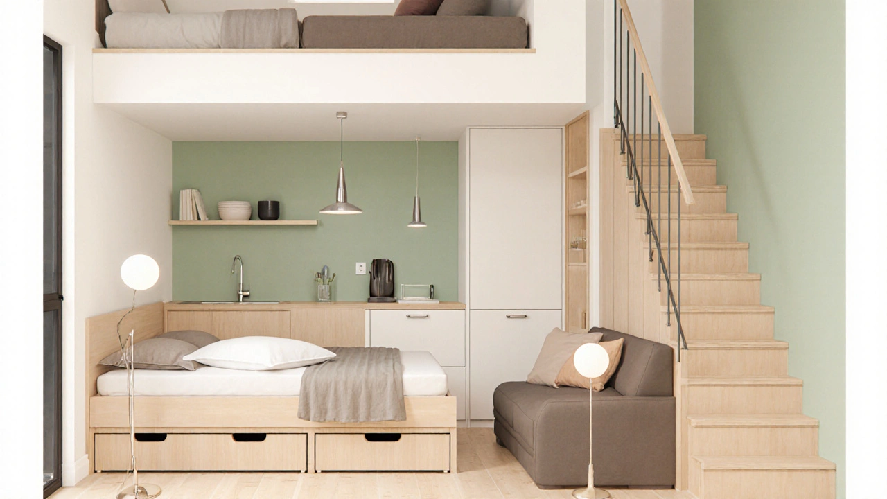 Skryté skladovací prostory v malém bytě: podestup, výklopné regály a podlahové skříně pod postelí.