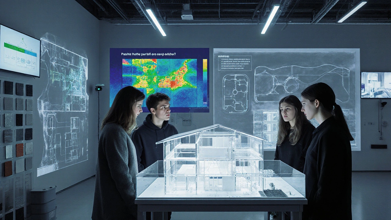 Studenti v Brně analyzují model pasivního domu v laboratoři s technologickými zobrazovacími systémy.