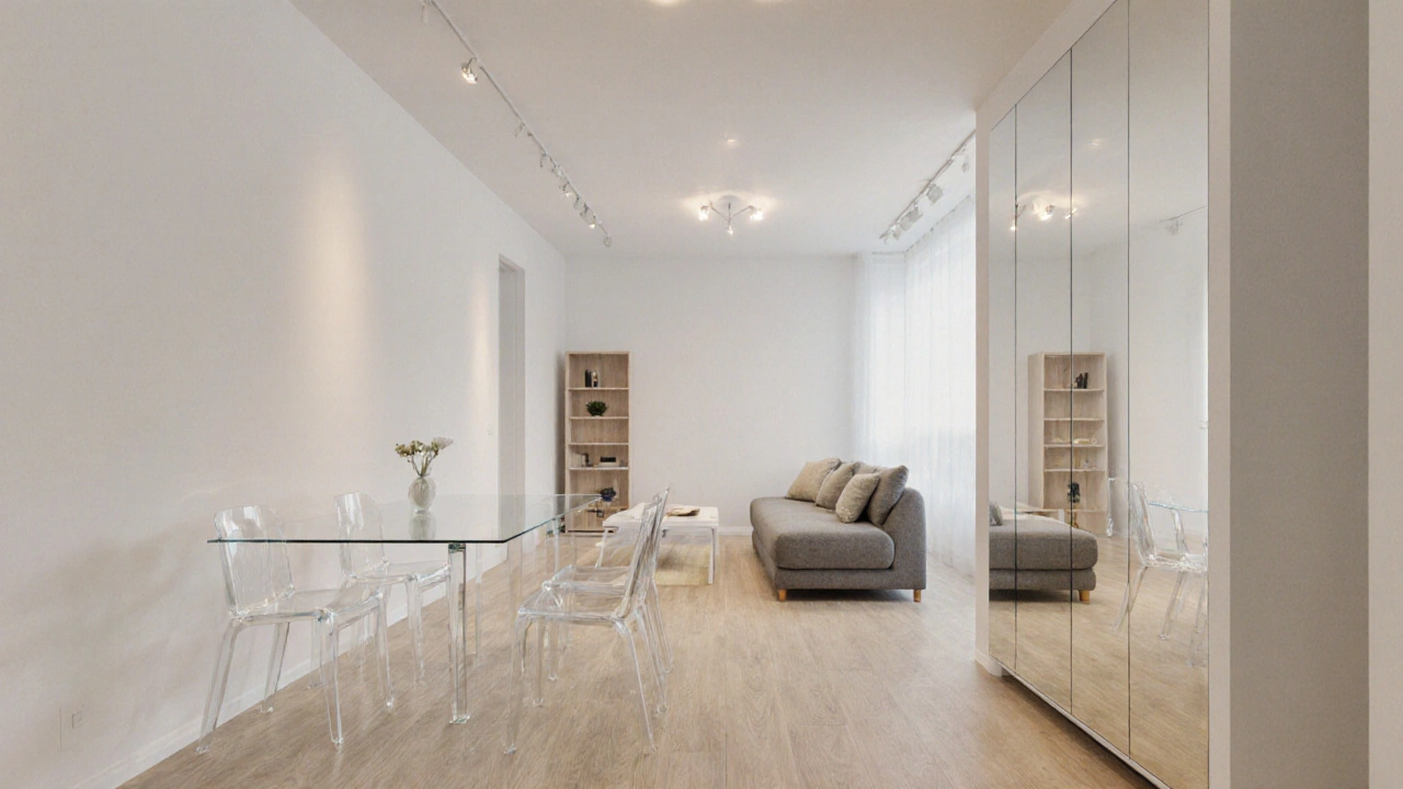 Světlý interiér s jednotnou podlahou, průhledným nábytkem a teplým osvětlením pro pocit volnosti.